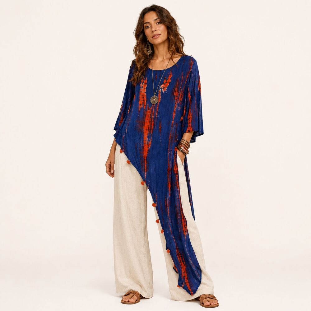 Keva Blue Orange Tie-dye Asymmetrical Sharkbite Hem Tunic Top Women M Artsy Boho
